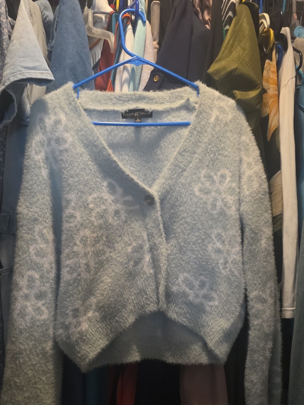 Almost Famous Light Blue Fuzzy Floral V-Neck Sweater